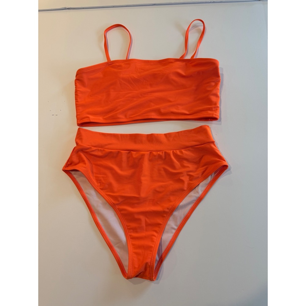 Neon Orange High Waisted Bikini Set Bandeau Top Two Piece Swimsuit XL